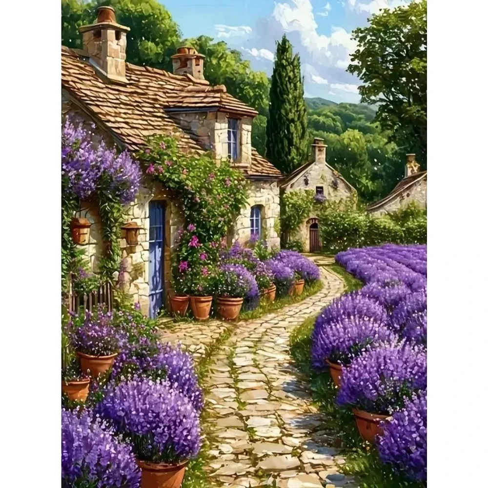 Neu eingetroffen: Lavendel-Dorf Landschafts-Diamantmalerei DIY Stickerei-Set Handgemachtes Bastelgeschenk