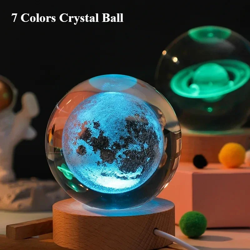 6cm 3D Crystal Ball Lights Lamp GalaxyMoon Saturn Shape RGBColor Change  Bedside Sleeping Light Home Decor Christmas Gift