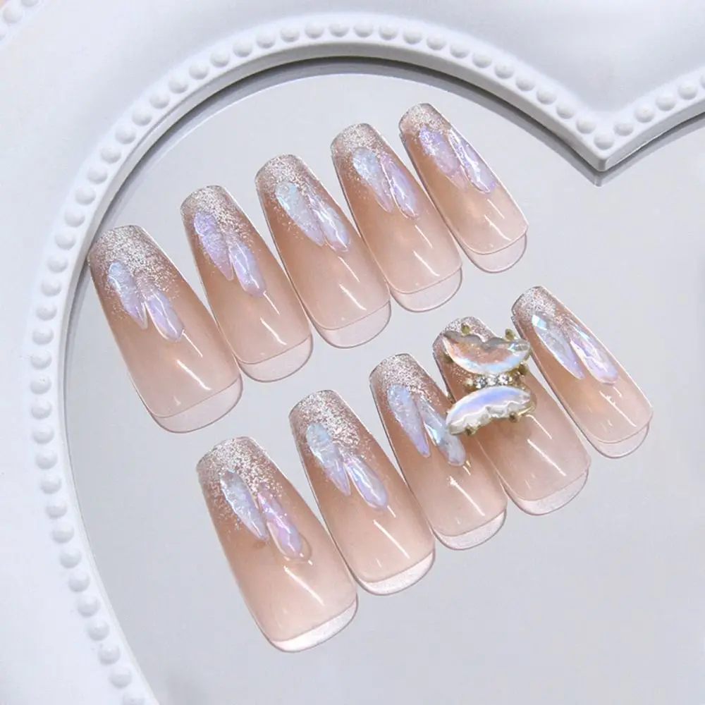 24pcs Detachable Long Ballerina False Nails Exquisite French Fake Nails Full Cover Rotating Sparkling Butterfly Nail Tips DIY