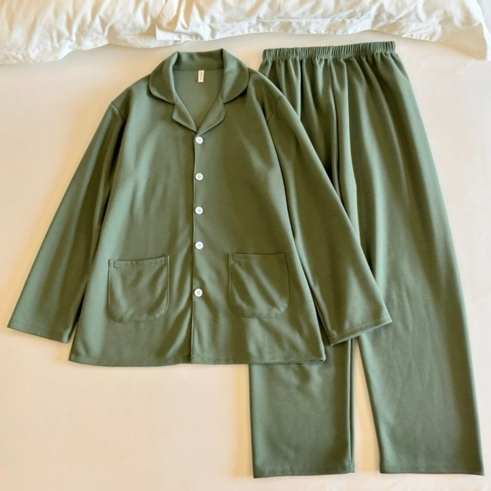 Solid Color Pajama Set Long Sleeve Buttons Lapel Top with Elastic Pants Nightwear 2 Piece Nighty Autumn New Women's Sleepwear
