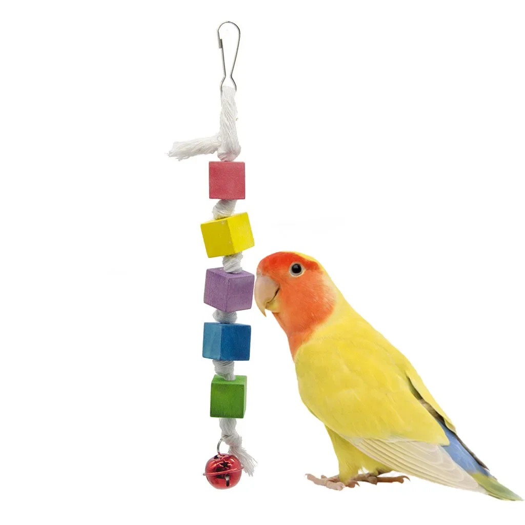 Parrot Bird Toy Gnawing on Wooden Skewers, Wooden Toys, Colorful Small Squares, Stars, Bells, Toys