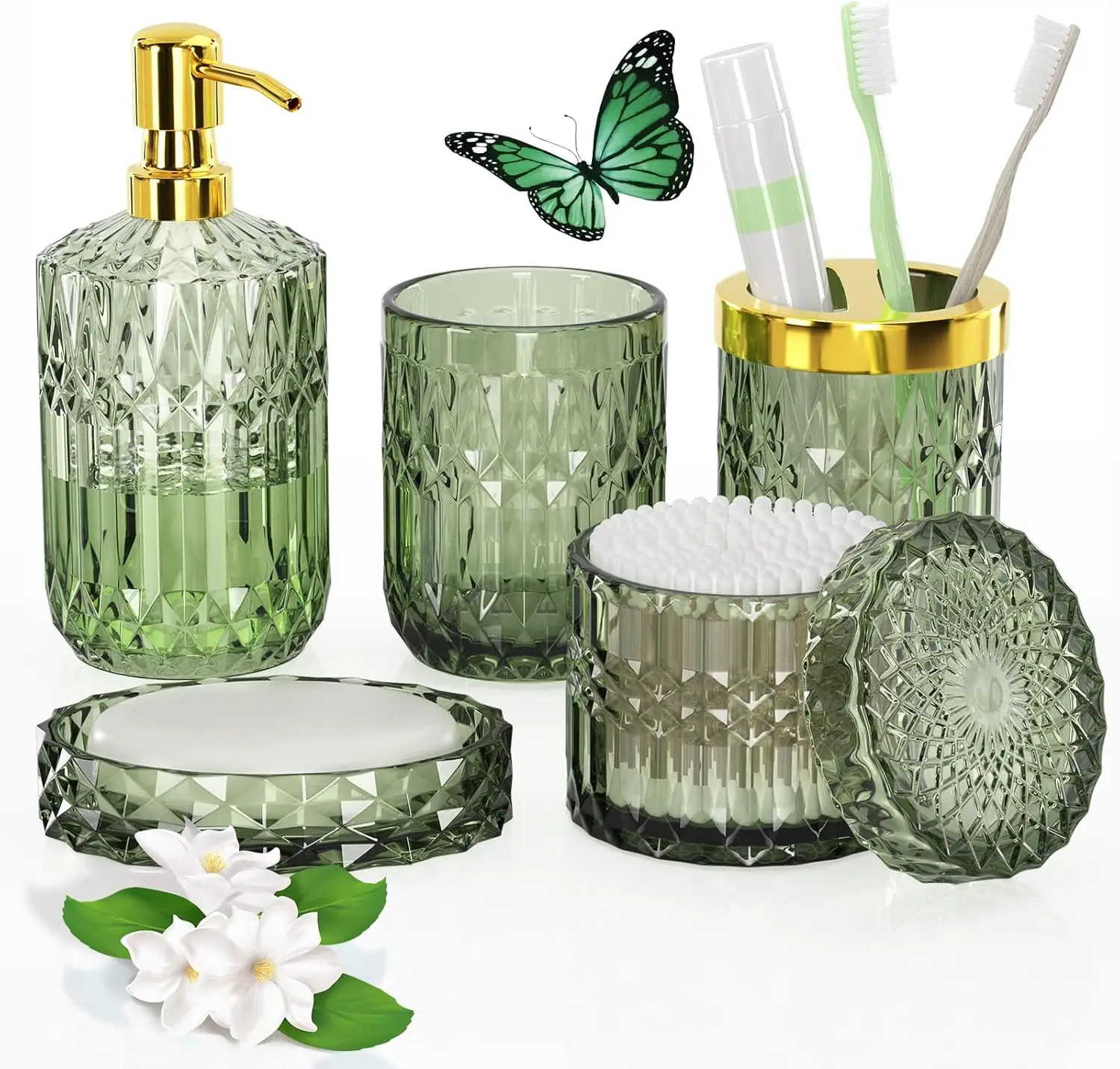 Juego de Accesorios de Baño de Vidrio Verde: Decoración Vintage de 5 Piezas con Dispensador de Jabón, Portacepillos de Dientes y Porta Cotonetes
