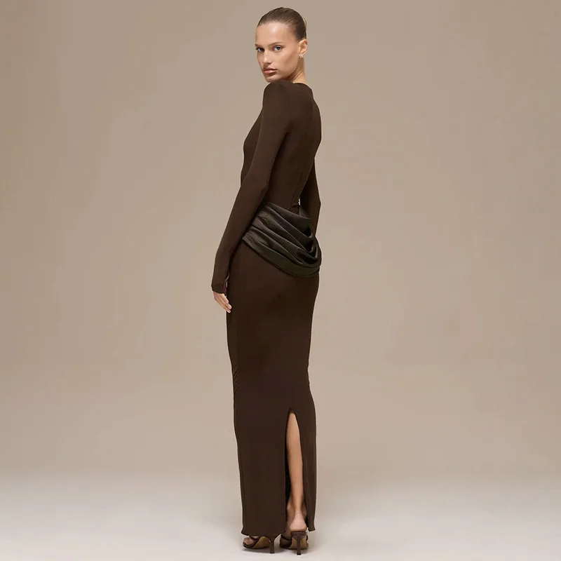 Gaun Maxi Klasik Wanita Musim Gugur Baru Lengan Panjang Kerah O Satin Sambungan Membentuk Tubuh Vestidos Mujer Gaun Pesta Malam Trendi