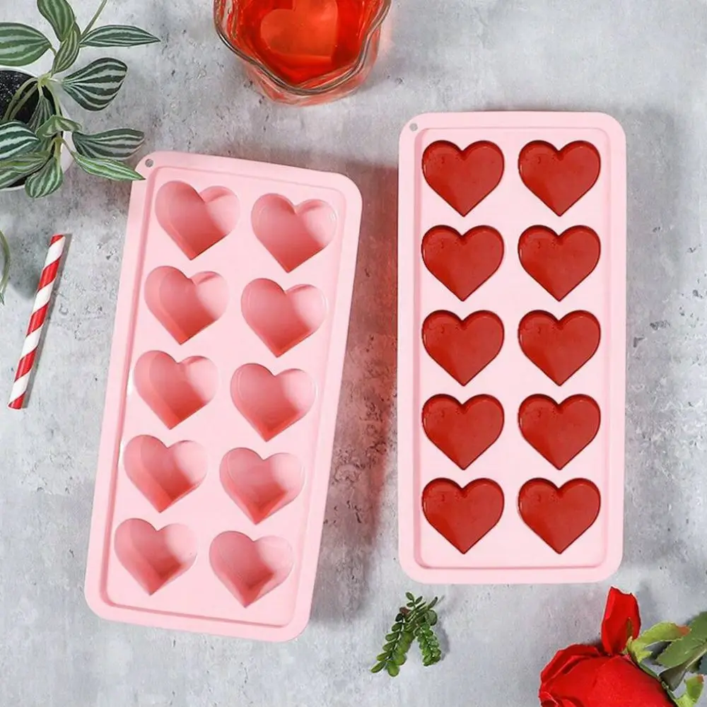 1 piece of pink love ice grid with 10 holes, Valentine's Day heart-shaped ice grid mold, silicone ice mold