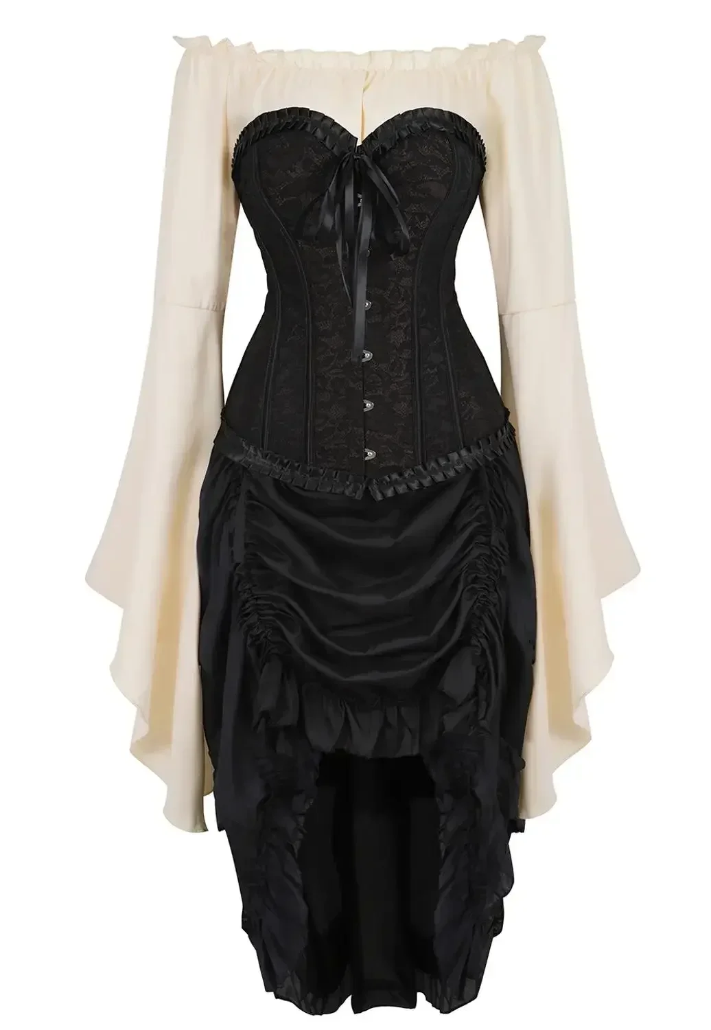 

Vintage Corset Floral Lace Up Bustier with Pirate Skirt Blouse Set Embroidery Push Up Steampunk Evening Party Costume Korsage