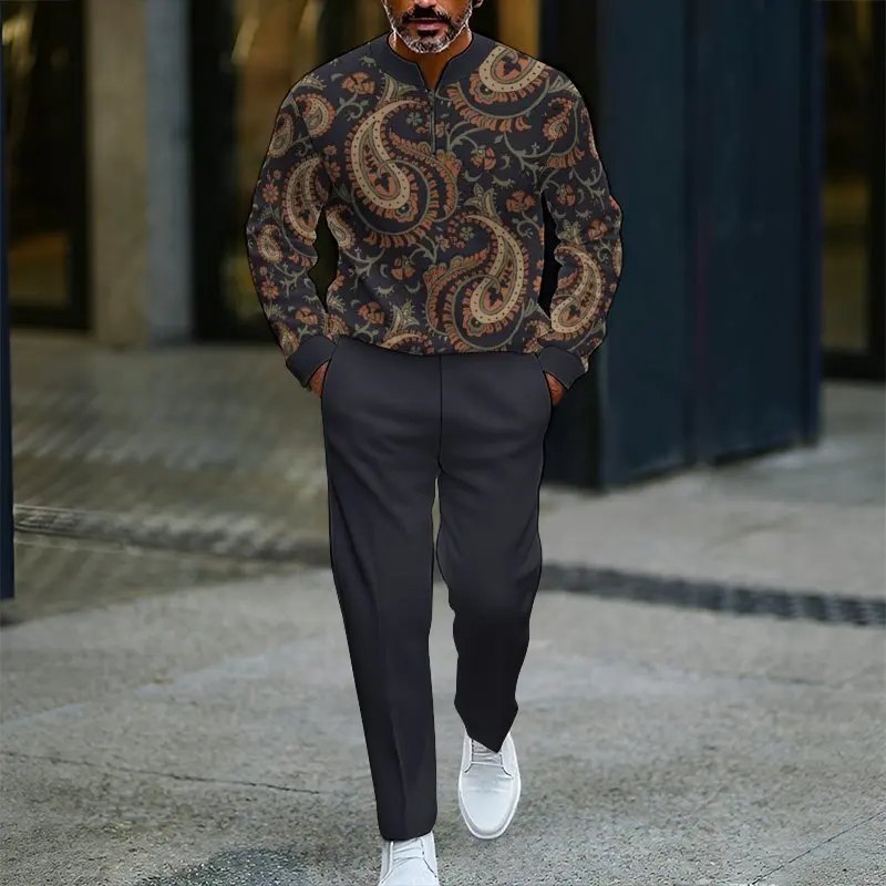 Herbst Winter Neuer Stil Herren Casual Sportanzug mit halbem Reißverschluss Stehkragen Kastanienblumenmuster für Freizeitaktivitäten