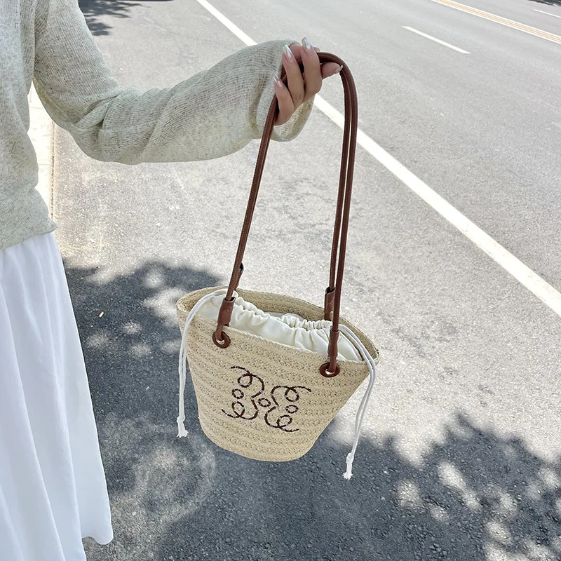 New women's festival woven shoulder straw bag letter decoration high quality summer seaside beach women's bucket bag handbag