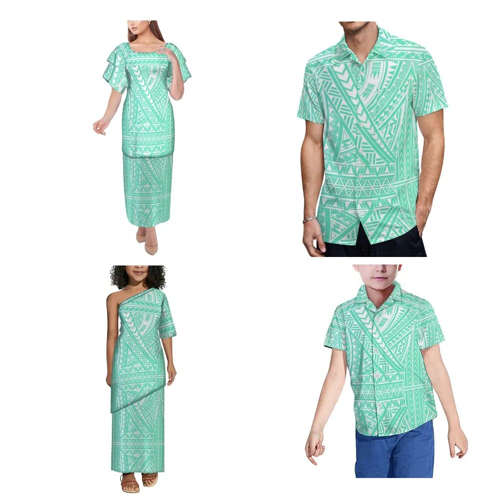 Abito estivo Puletasi personalizzato polinesiano con stampa vintage per adulti e bambini Gonna lunga per uomo e ragazzo Camicia con colletto rialzato