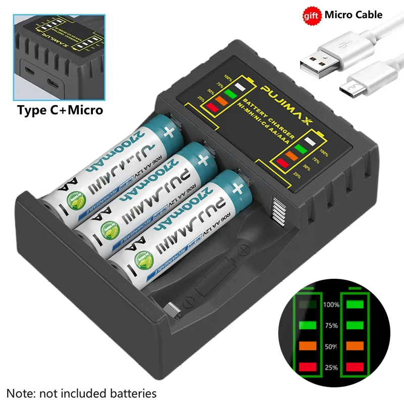 Cargador de Baterías de 4 Ranuras, Cargador USB Inteligente y Rápido para Baterías Recargables AAA/AA Ni-MH/Ni-Cd con Indicador LED