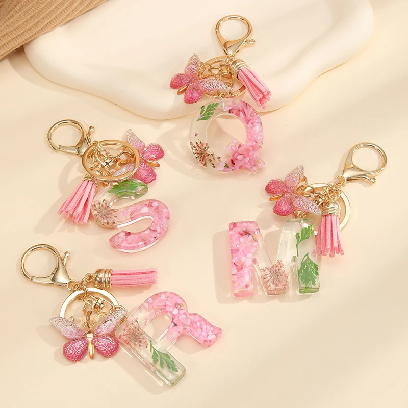 Pink Daisy Dried Flowers Green Leaf Resin Letter Keychain A-Z 26 Initials Butterfly Tassel Pendant Backpack Decoration