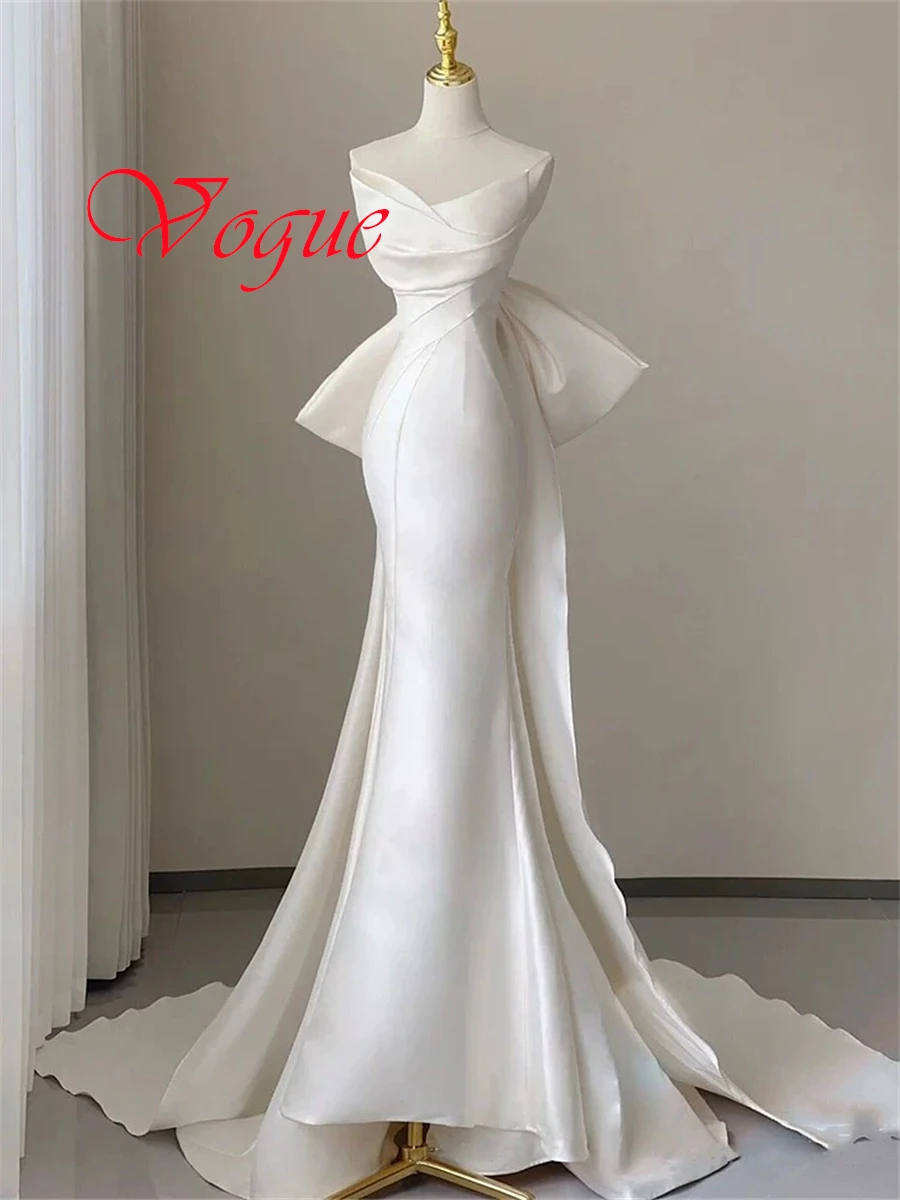 

Customized Modern Ivory Satin Evening Dress Classic Strapless Lace Up Back Bow Mermaid Chapel Train Special Occasion Gowns