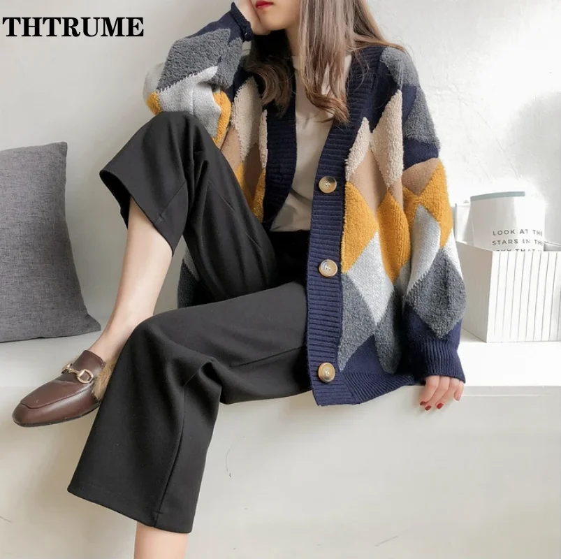 Puff Sleeve Elegant Women Sweater Fashion Patchwork Oversized Single Breasted Oversized Jumper Casual Autumn Winter Top Cardigan