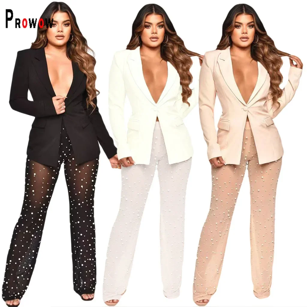 

Prowow Sexy Women's Blazer Suits Thin Tops Pearl Sheer Mesh Pant Two Piece Clothing Set 2024 New Design Summer Fall Outfits