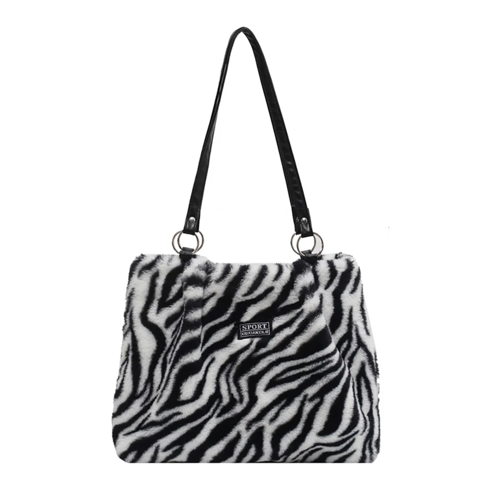 

Women Fashion Zebra Stripes Cow Print Shoulder Bags Winter Plush Shopping Bag