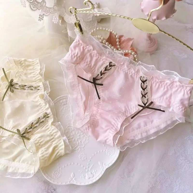 Women Cotton Mesh Dot Ruffles Ribbon Underwear Princess Style Cute Lovely Sweety Panties Breathable Elasticity Lolita Breifs