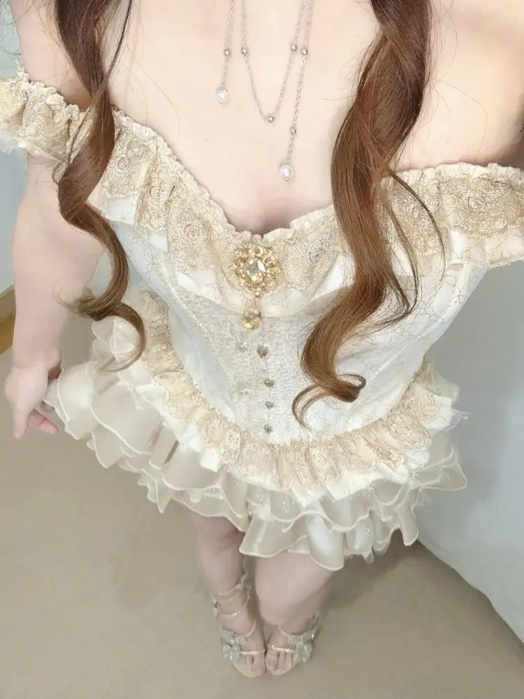 

Summer French Vintage Elegant 2 Piece Sets Women Sexy Slash Neck Design Tops+Chic Skirt Female Princess Korean Popular Clothes