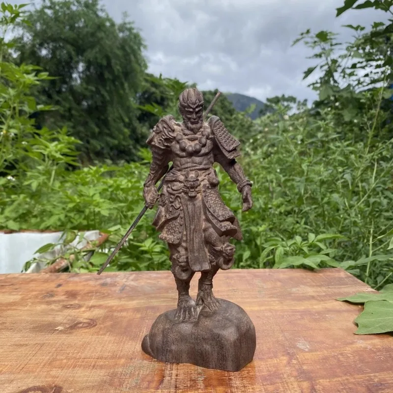 

Hand Carved Dark Wooden Standing Monkey King Statue Figurine - Sun Wukong Character Ornament Home Office Desk Decor Gift Collect