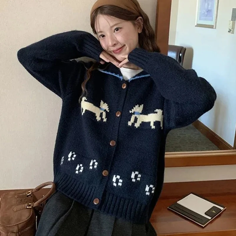 

Корейский модный кардиган с мультяшным принтом, женский осенний новый винтажный милый жаккардовый повседневный свитер в ленивом стиле, милые топы на пуговицах
