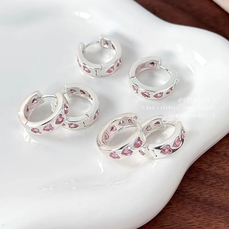 Pink Zircon Heart Earring Hoop Delicate Sweet Chic Everyday Wear Unique Charm Hypoallergenic Metal for Women Fashion Jewelry