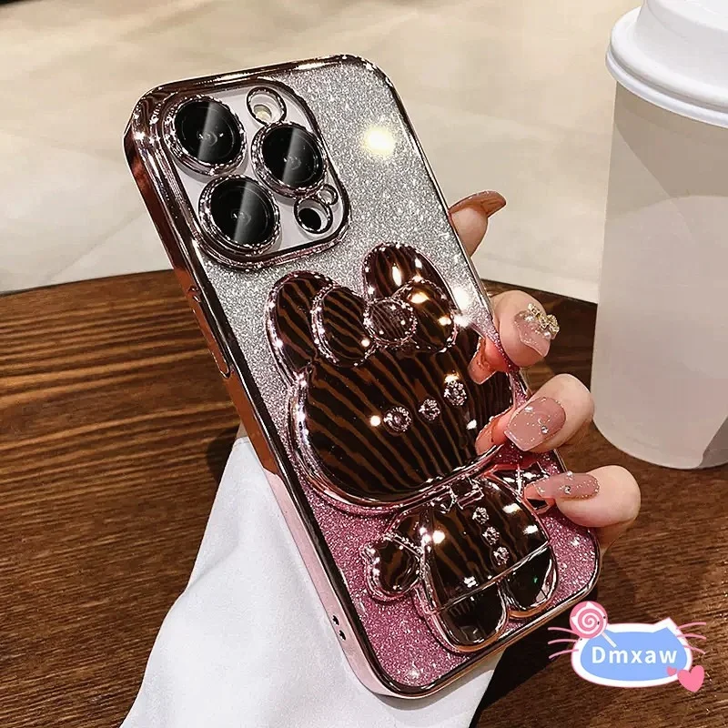

For OPPO A3 Pro A3X Reno 12F 12 Pro K12 K11 K11X Find X8 Realme 13 Pro Plus Q3S Q3T Phone Case Rabbit Mirror Bracket Soft Cover