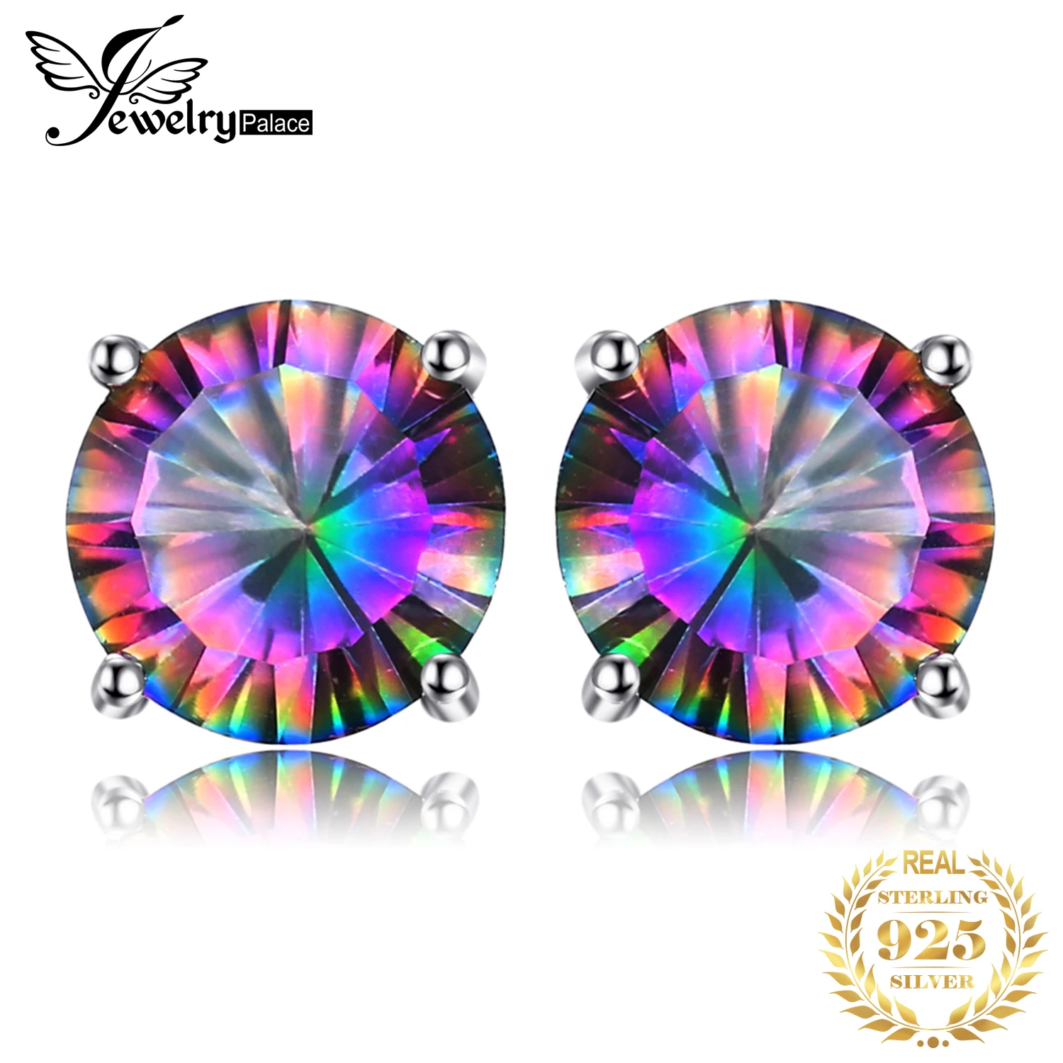 JewelryPalace Round Genuine Rainbow Mystic Quartz 925 Sterling Silver Stud Earrings  Women Fashion Statement Gemstone  Jewelry