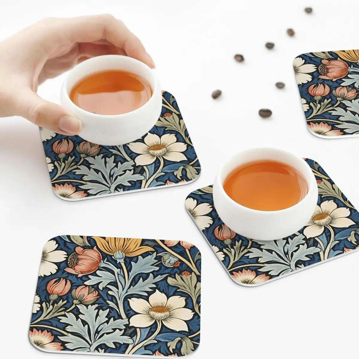 Sous-verres encadrés William Morris Botanical Bliss, sets de 6 dessous-de-plat en cuir PVC pour la décoration de la maison, de la cuisine et de la salle à manger