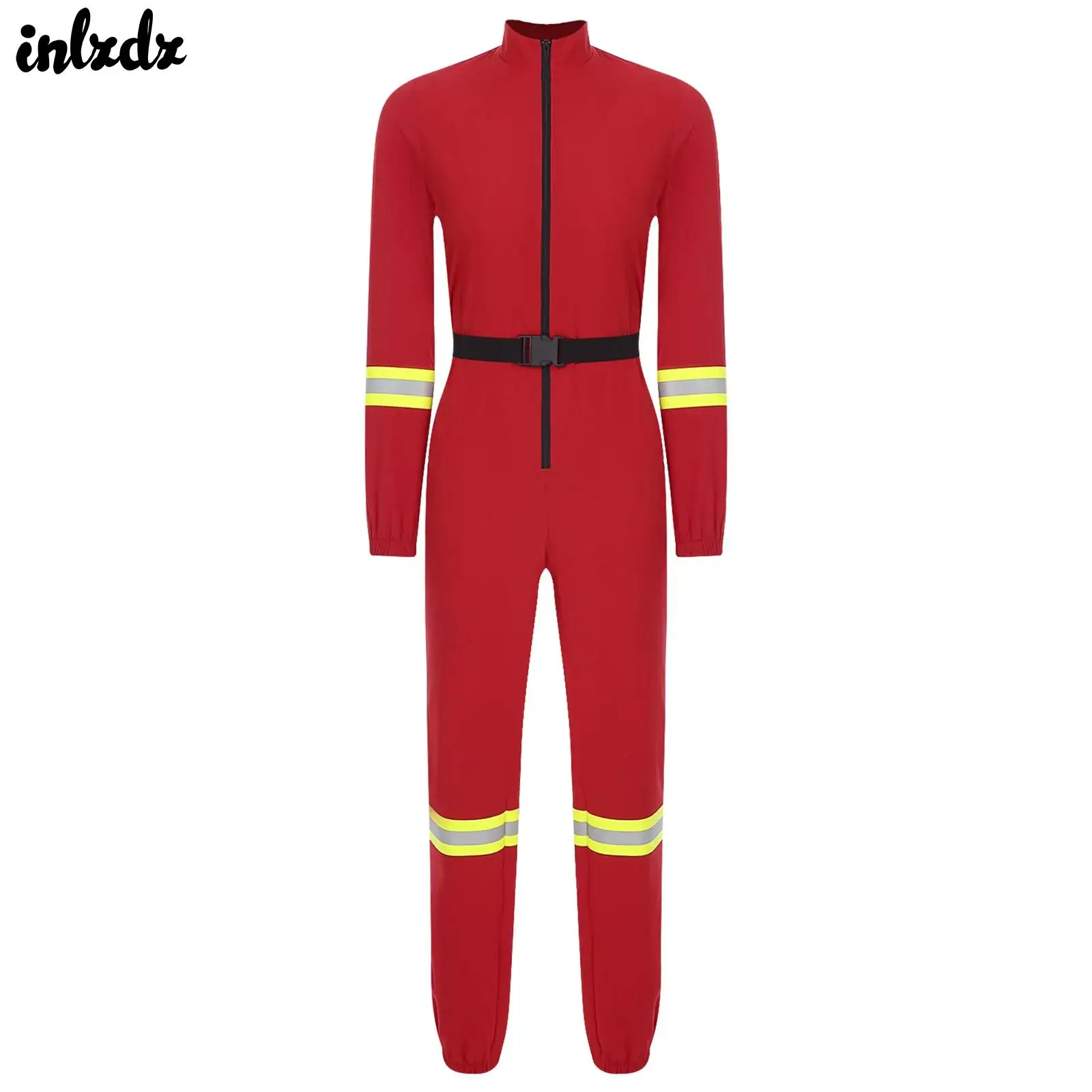 Womens Firefighter Firefighting Romper with Belt Firefighter Heroes Cosplay Costume Coveralls Front Zipper Long Sleeve Jumpsuit