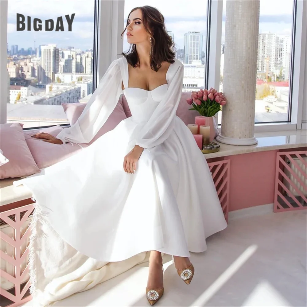 

Elegant Short Wedding Dress Sweetheart Long Puff Sleeves Open Back Pleat Lace-up Bridal Gown 2024 Tea-Length Vestidos De Noiva