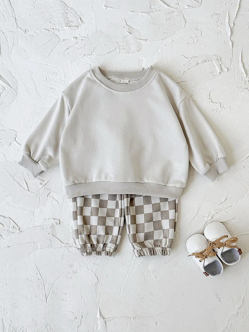 

LILIIGRL Toddler Casual Suit 2PCS 6M-3Y Infant Boys Solid Color Hoodie+ Chessboard Pattern Pants Loose Korean Baby Clothes Set