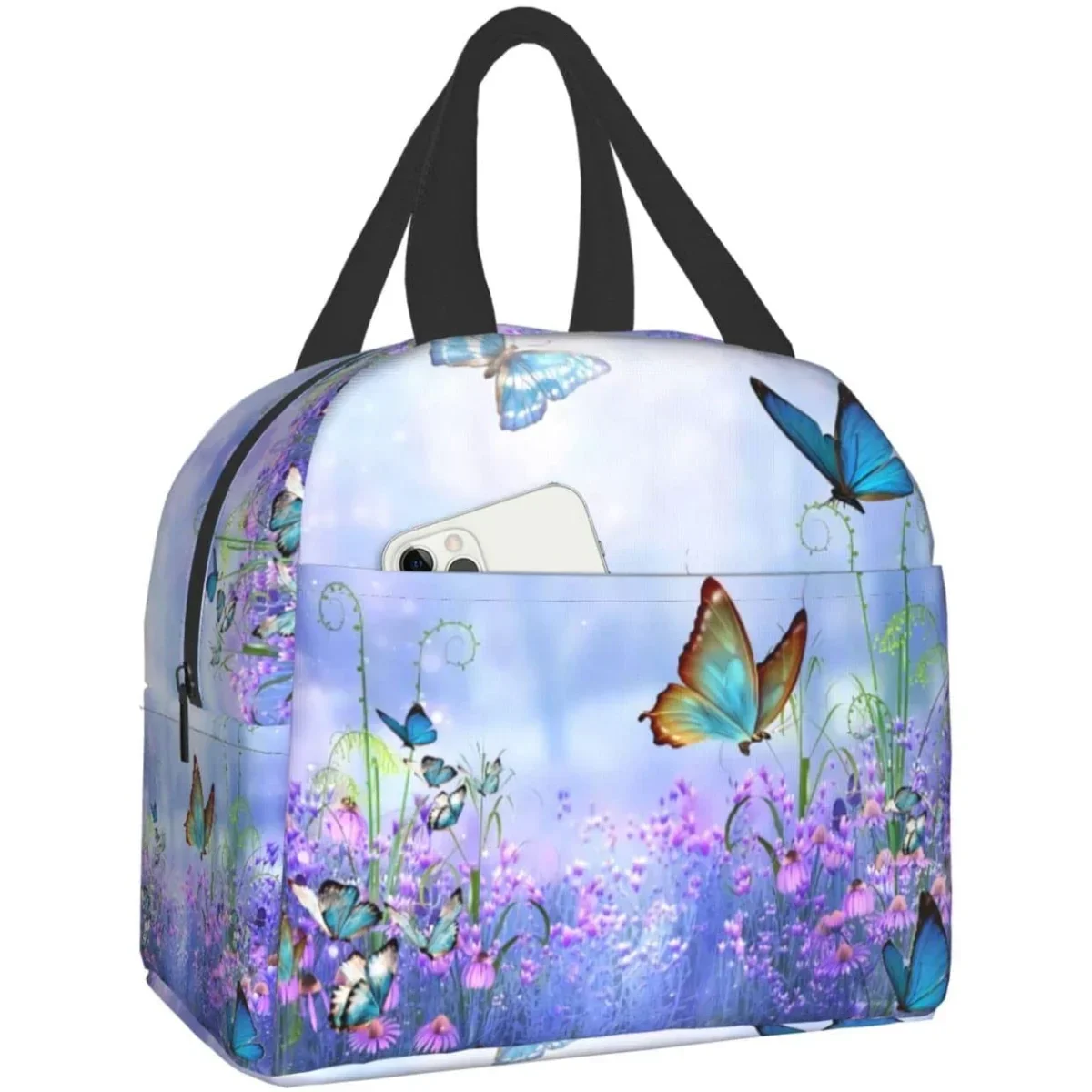 

Colorful Butterfly Purple Flower Insulated Lunch Bag Cute Lunch Bags for Women Reusable Waterproof Leakproof Kawaii Lunch Box
