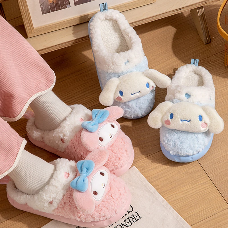 

Sanrios Kuromi Mymelody Cinnamoroll Women's Anime Plush Slippers kawaii Cartoon Non-slip Cotton Shoes Warm Indoor Socks Slippers