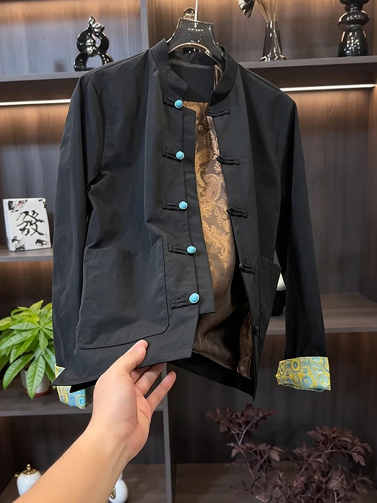 Men's Casual Cotton Jacket Traditional Chinese Style Fashionable Retro Design Button up Outerwear Breathable Long Sleeve Coat