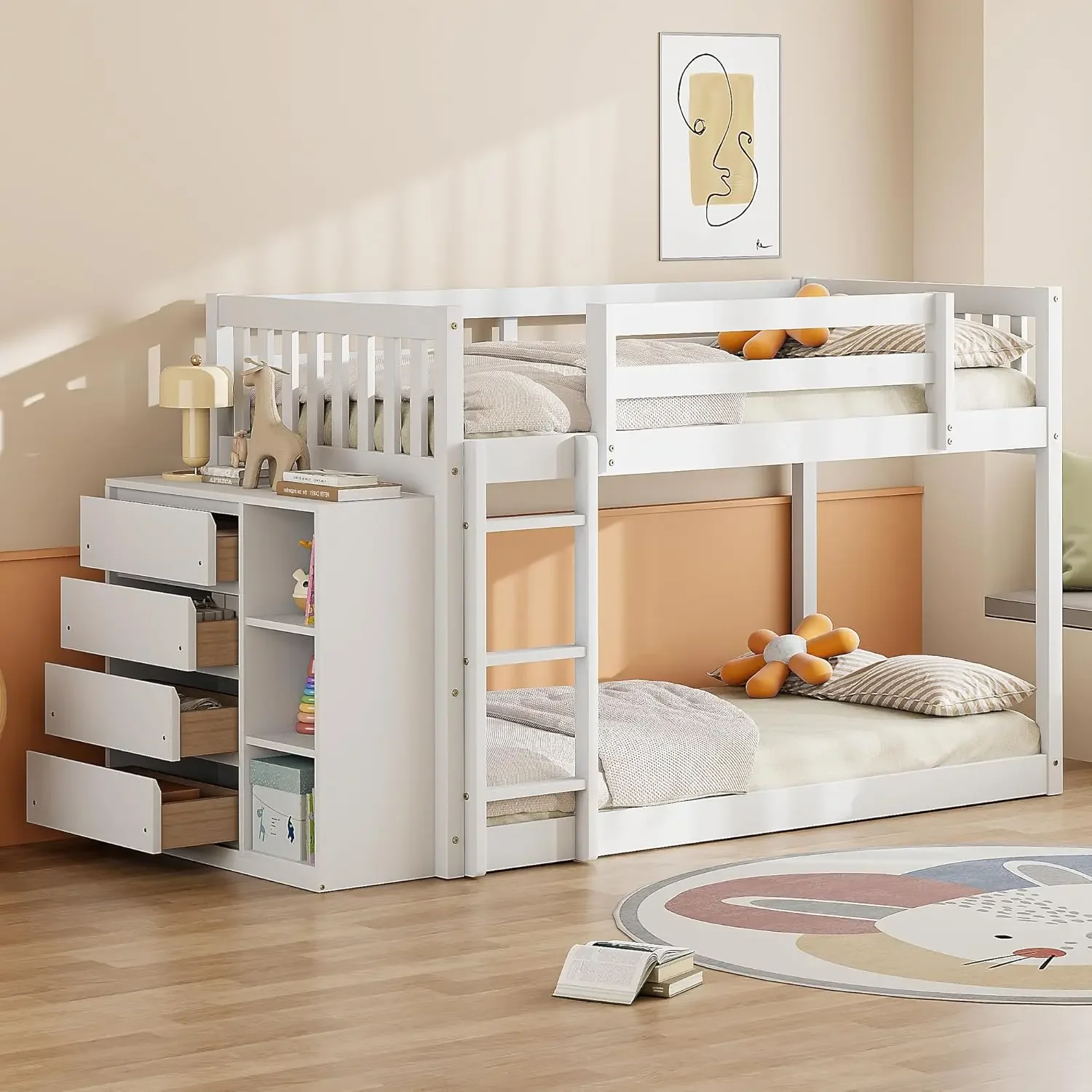 Harper & Bright Designs Low Bunk Bed With Storage, Twin Over Twin Floor Bunk Bed Frame With 4 Drawers And 3 Shelves, Solid Wood