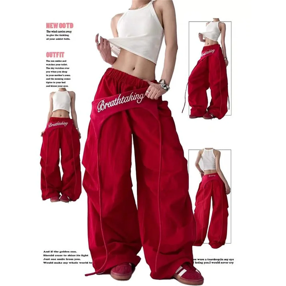 Women Red Y2K Wide Leg Cargo Pants Embroidered Biker Shorts Style Drawstring Baggy Pants Streetwear Hip Hop Dance Trousers
