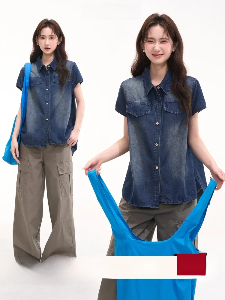 

Heme Korean Style Loose Fit Short Sleeve Denim Shirt Women's Summer Top Simple Design Versatile Casual Loose Jeans Shirt