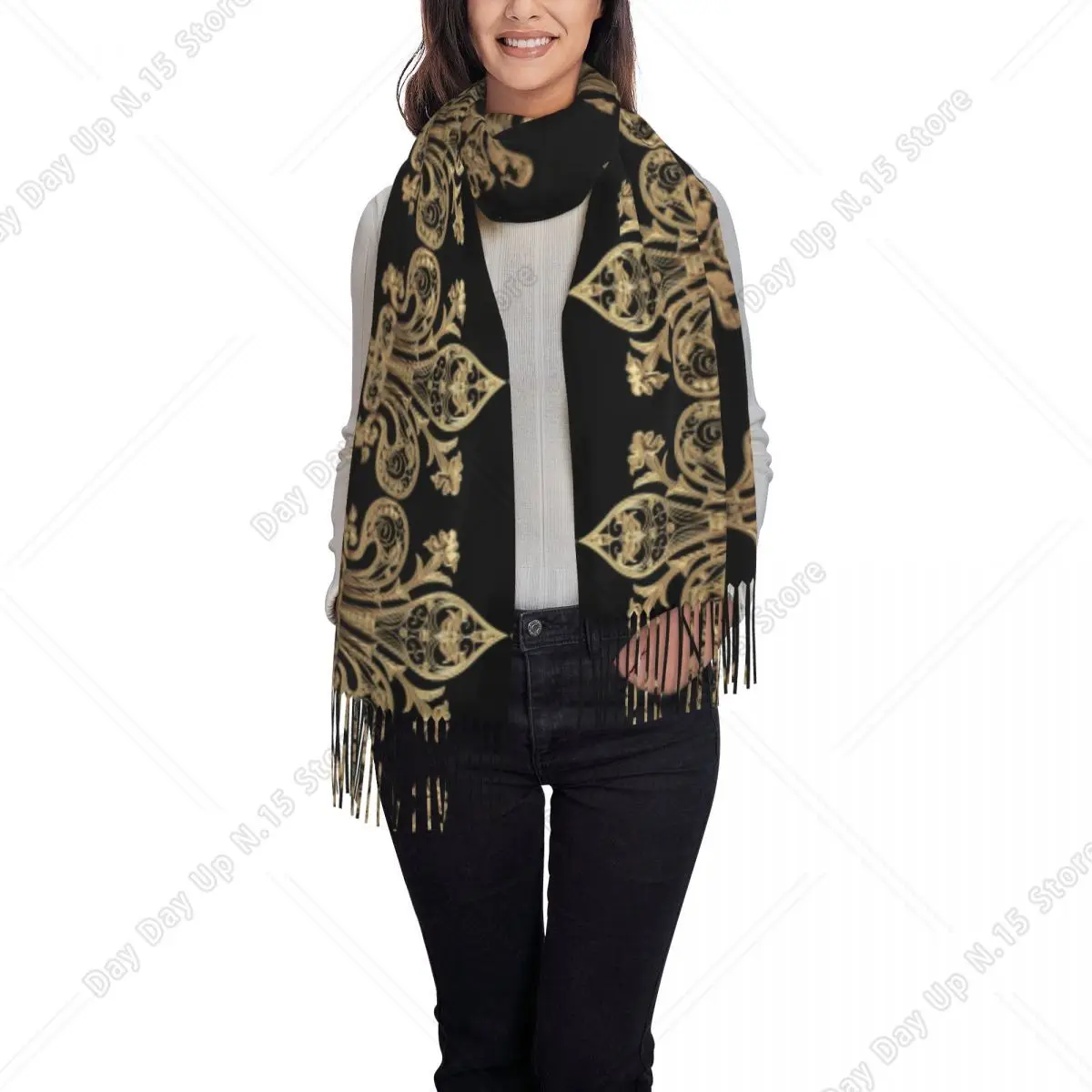 Customized Printed Gold Filigree Fleur De Lis Scarf Men Women Winter Warm Scarves Fleur-De-Lys Lily Flower Shawl Wrap