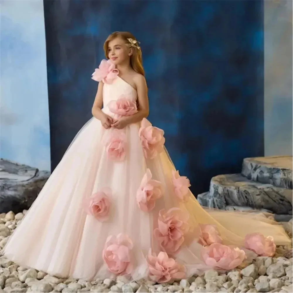 

Luxury Flower Girl Wedding Dress Appliques Floral One Shoulder Princess Kids Birthday Pageant Party Holy Communion Banquet Gown