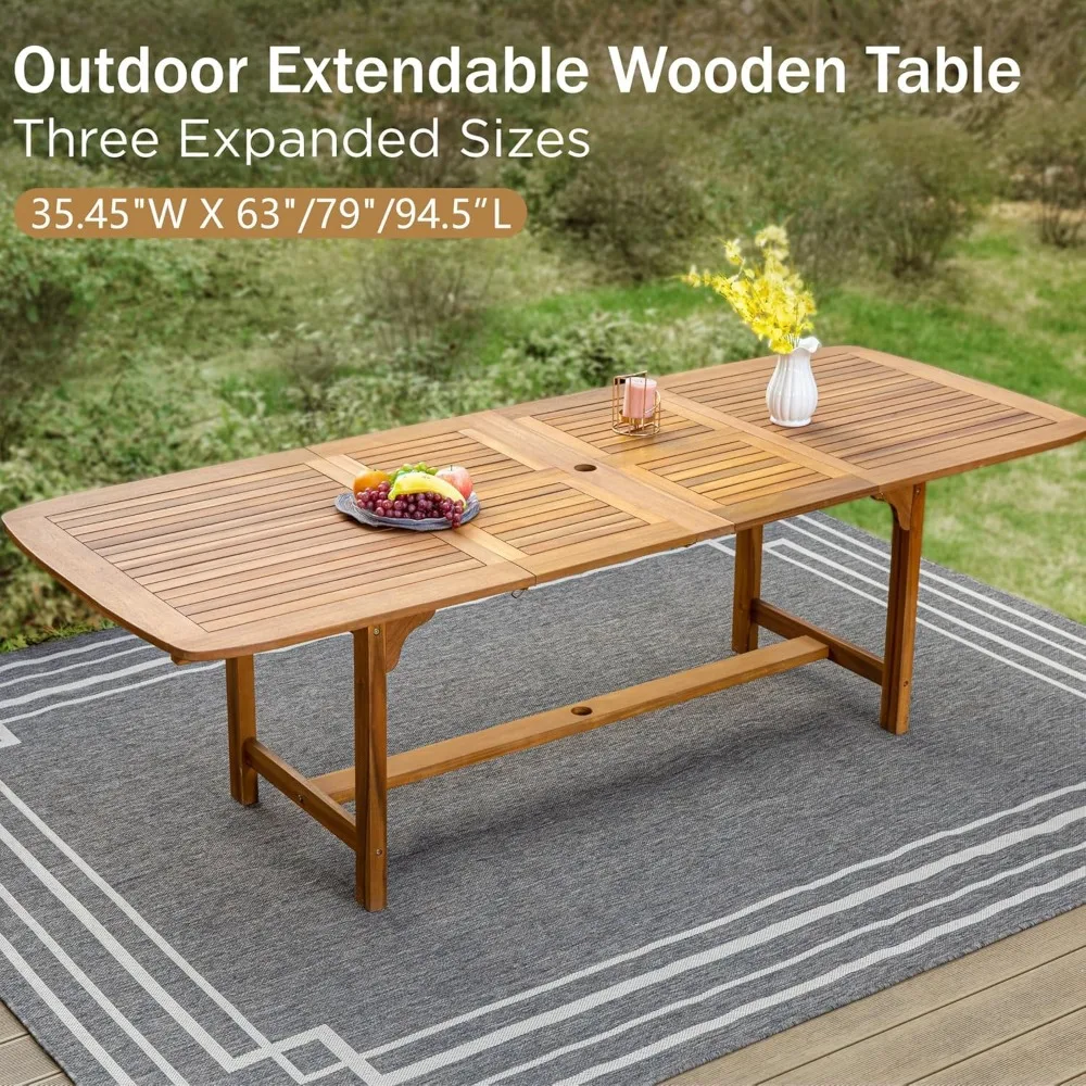 

Outdoor Acacia Wood Dining Table for 6-8, Large Extendable Rectangular Teak Table with Umbrella Hole, Farmhouse, Customized