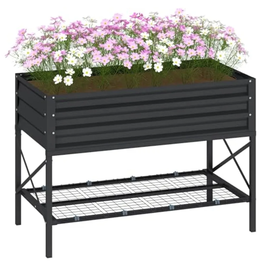 Raised Garden Bed with Galvanized Steel Frame, Dark Gray Storage Shelf, Bed Liner, Elevated Planter Box with Legs, for Vegetabl