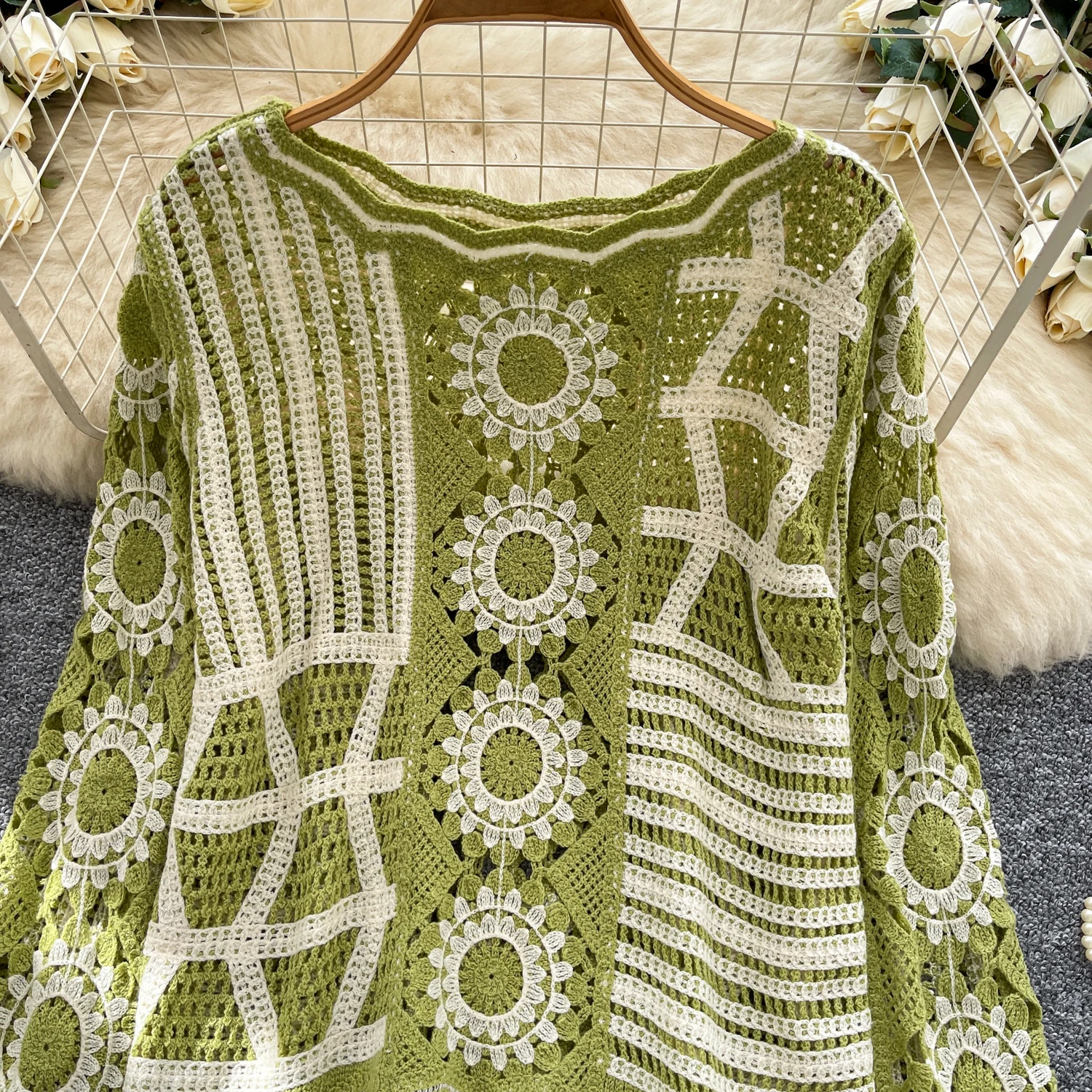 เสื้อไหมพรมถักโครเชต์แบบโปร่ง สไตล์อ่อนโยน ทรงเข้ารูป ใส่สบายๆ สีน้ำเงินวินเทจ สำหรับฤดูใบไม้ร่วงและฤดูหนาว