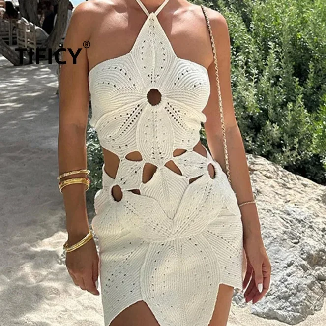 New Knitted Hollow Hanging Neck Flower Beach Women's Exposed Backpack Hip Streetwear Dress for Vacation Style Vestidos De Mujer