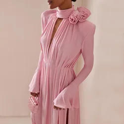 Solid Patchwork Appliques Maxi Dress Women V-neck Flare Sleeve Elegant High Slit Pink Long Dresses Female Party Evening Gowns