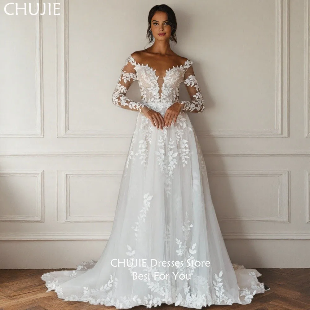 

White Long Sleeves Bridal Gowns Vintage A Line Pleat Wedding Dresses Elegant Woman Bride Dress Vestido de novia Customized