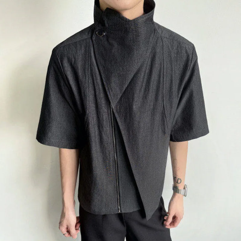 WVGA Summer New Men's Niche Short Sleeved Shirts Asymmetrical Placket Multi-pattern Splicing Retro Deconstructed Tops Ins W25380