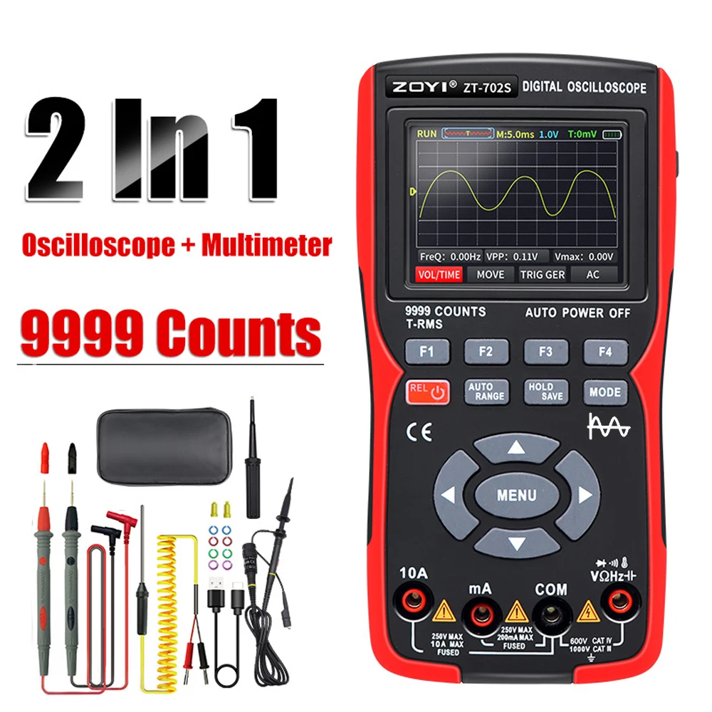 2in1 Digital Oscilloscope Multimeter 48MSa/s Sampling Rate 10Mhz Bandwidth 9999 Counts True RMS 2.8inch IPS Color Display