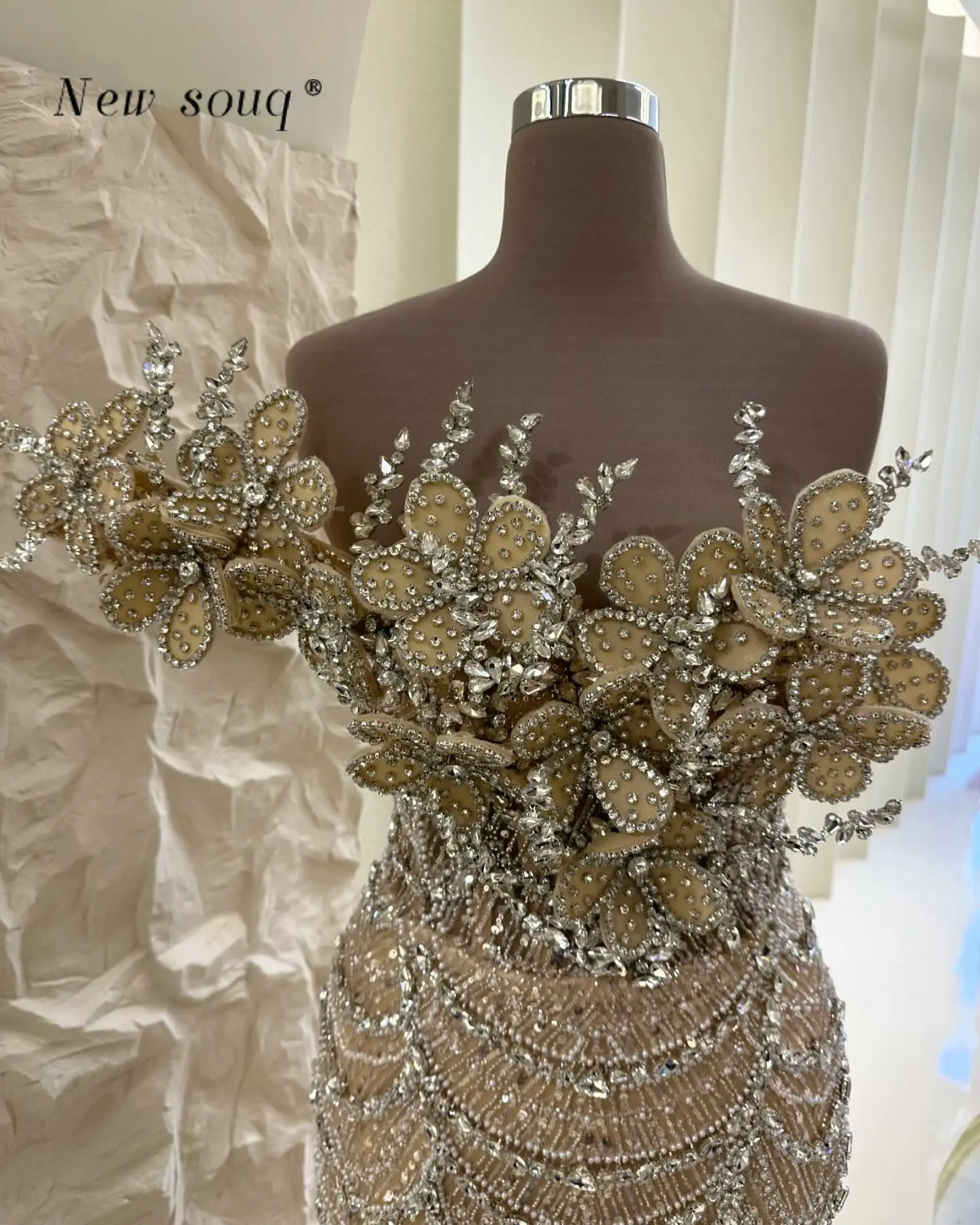 Vestidos de Noche de sirena con flores en 3D, cristales brillantes, champán árabe, un hombro, para ocasiones especiales, vestidos de fiesta de boda para mujer