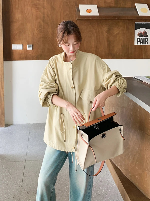 Kurtka khaki ort Coat Jaet damska, wczesna wiosna/jesień 2025, nowa, mały rozmiar, casualowa, uniwersalna, luźna, do pracy, z kołnierzykiem stójką, dopasowany krój.