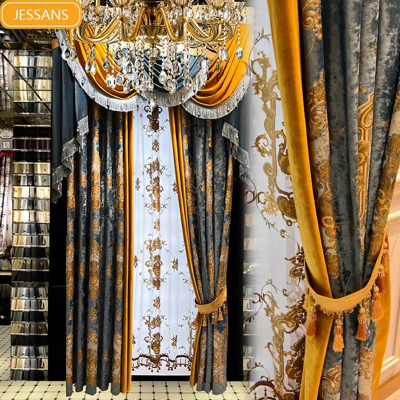 Palace Blue Gilded Embroidered Flannelette Patched Curtains for Living Room Bedroom Balcony Window Embroidered Window Screen