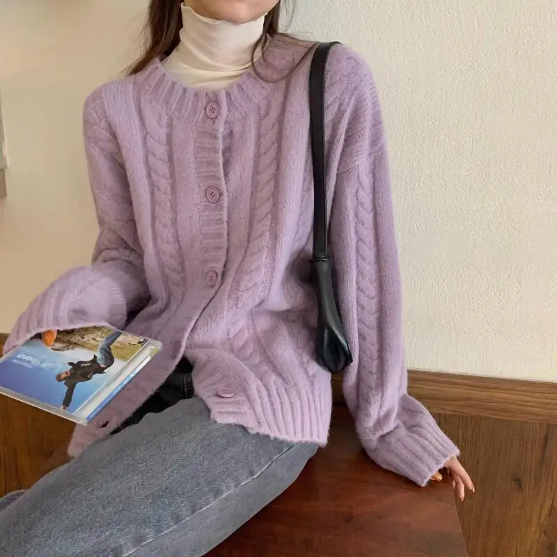 Deeptown Korean Style Blue Solid Cardigan Sweater Women Kawaii Oversize Jumper Female Sweet Girl O-neck Long Sleeve Basic Tops