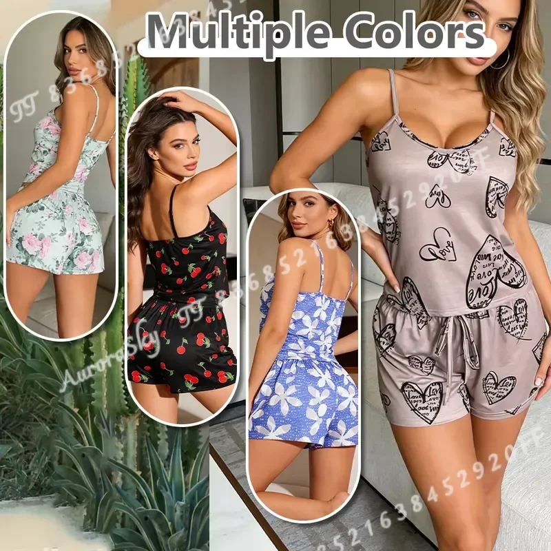 Women Sexy Satin Pajama Set Print Round Neck Ice Silk Top T Shirt and Shorts Breathable Comfortable Home Wear New 2
